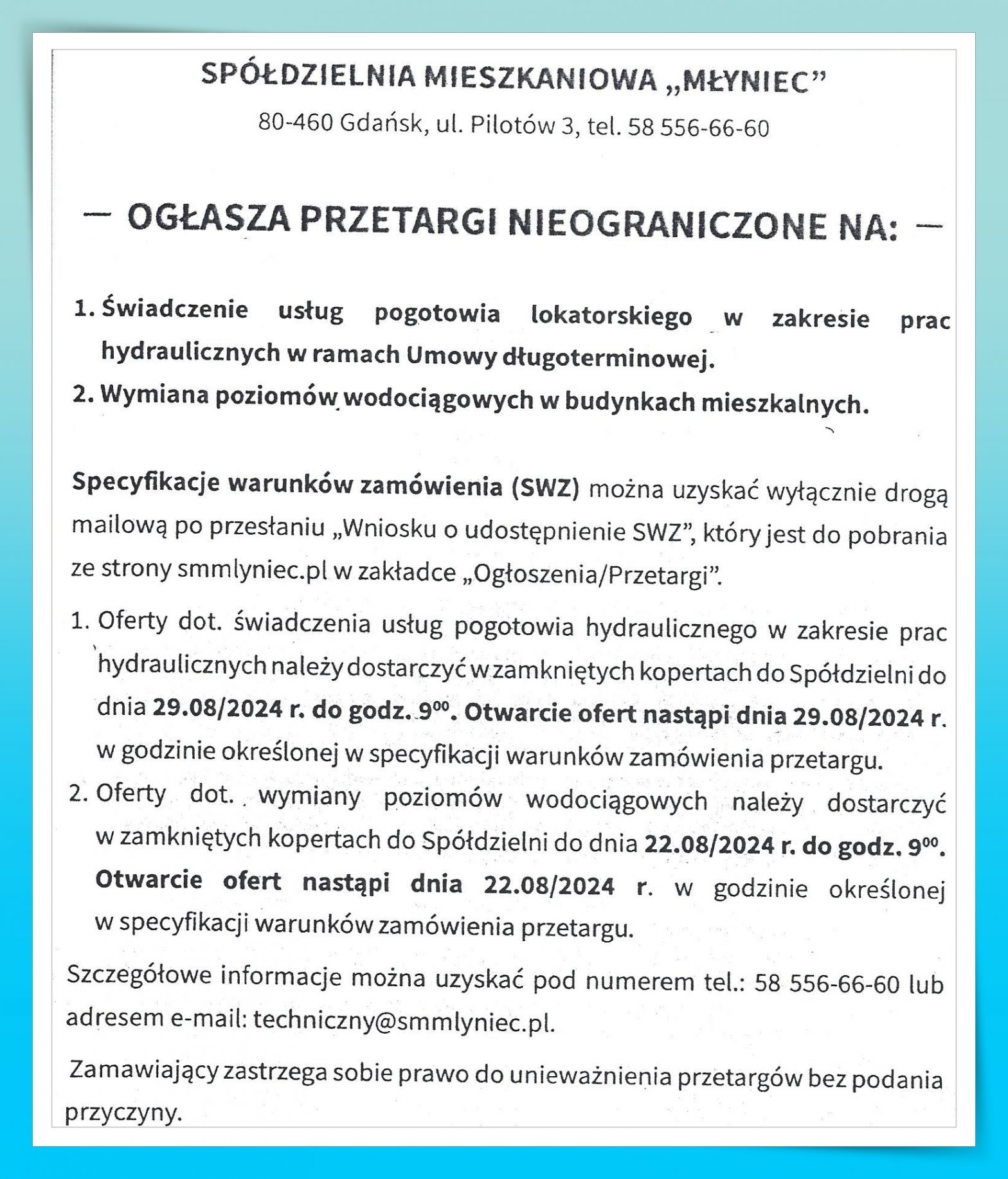 Przetargi Na świadczenie Usług Pogotowia Lokatorskiego Oraz Wymianę Poziomów Wodociągowych 2251